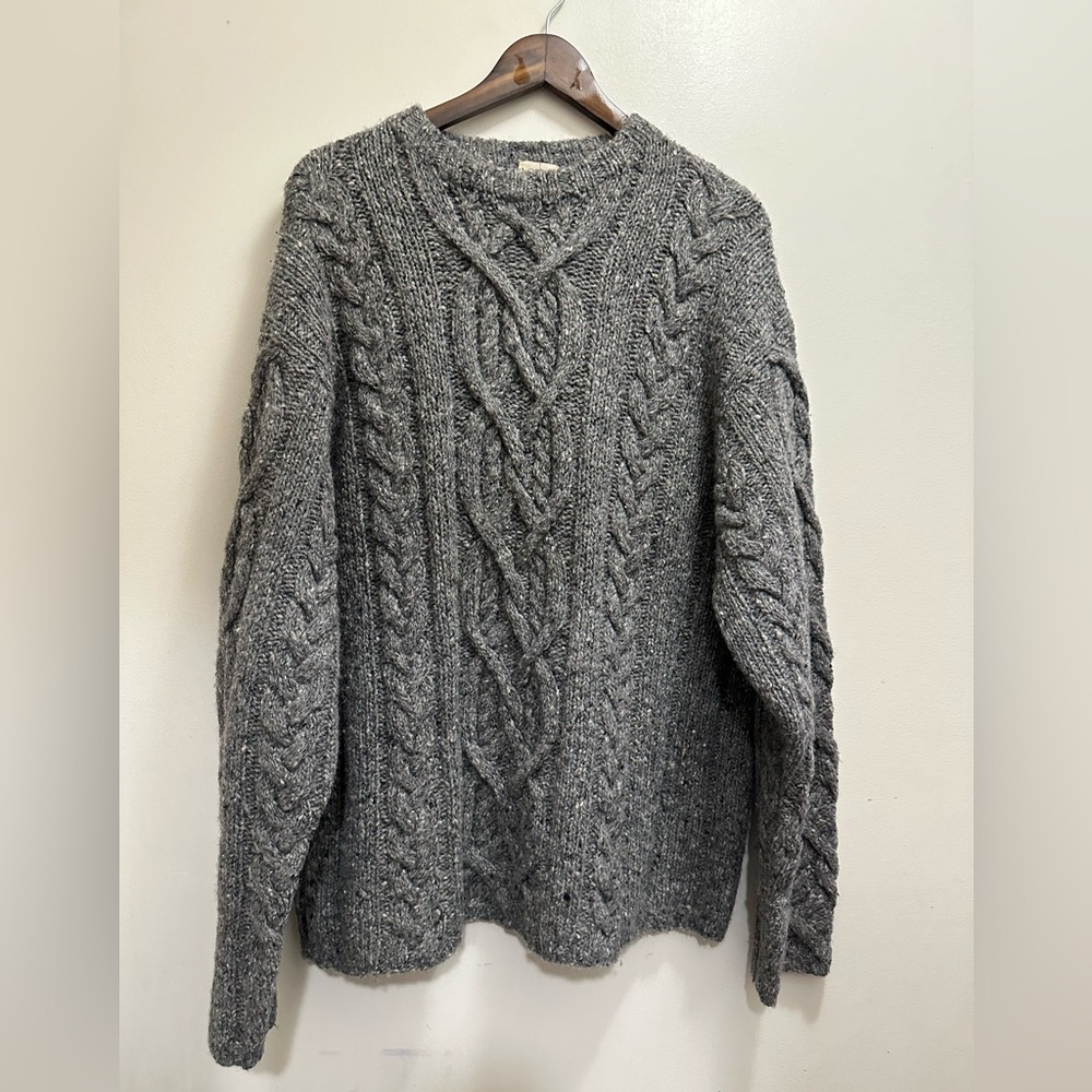 vintage 1990s fisherman J CREW 100% Wool Cable Neck Men’s Chunky Gray XL Sweater